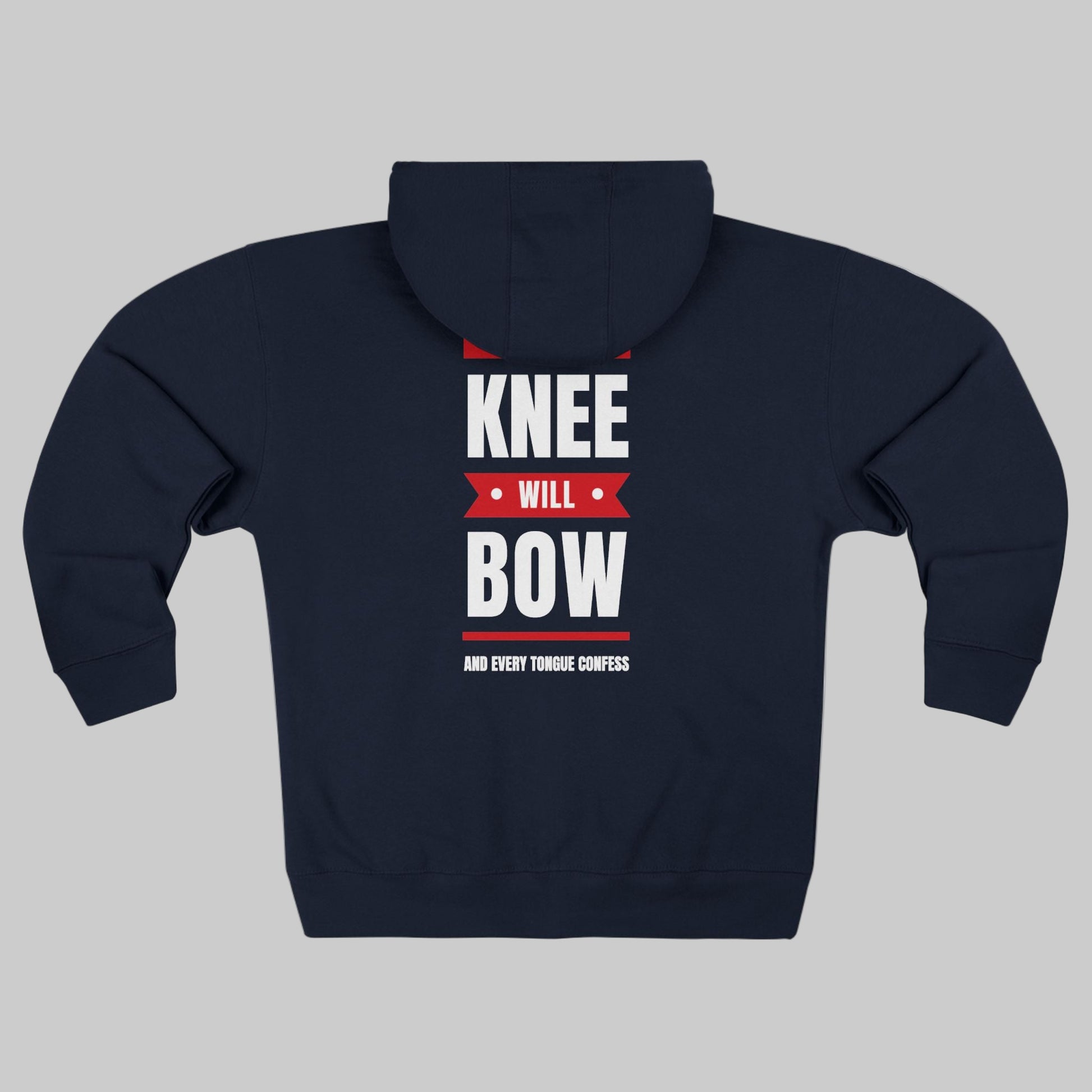 Navy blue hoodie with text 'Knee Will Bow' on the back against a white background