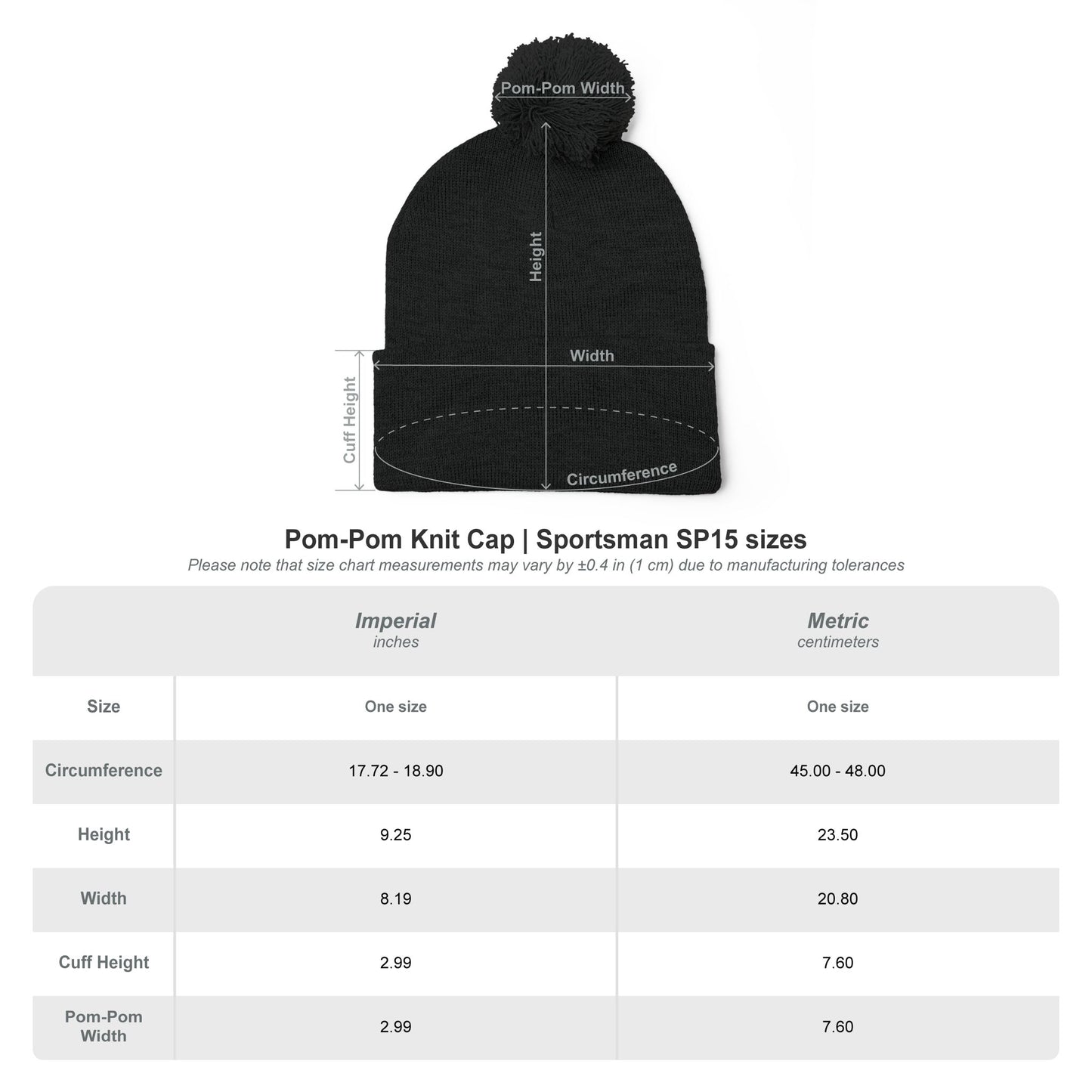 Black pom-pom knit cap with size chart on a white background