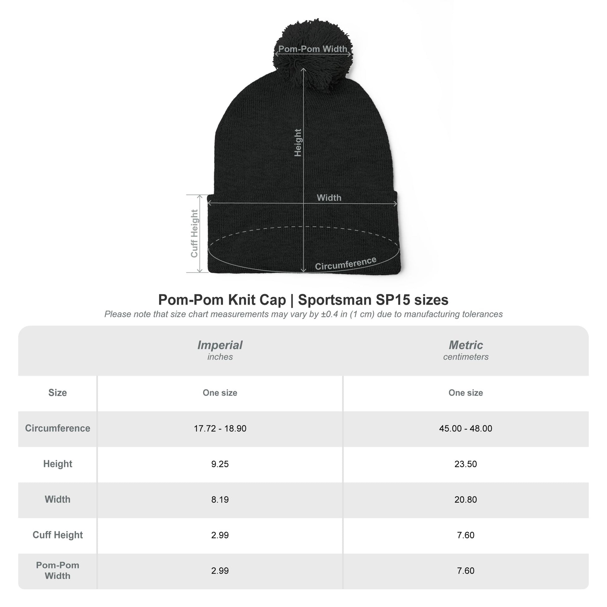 Black pom-pom knit cap with size chart on a white background