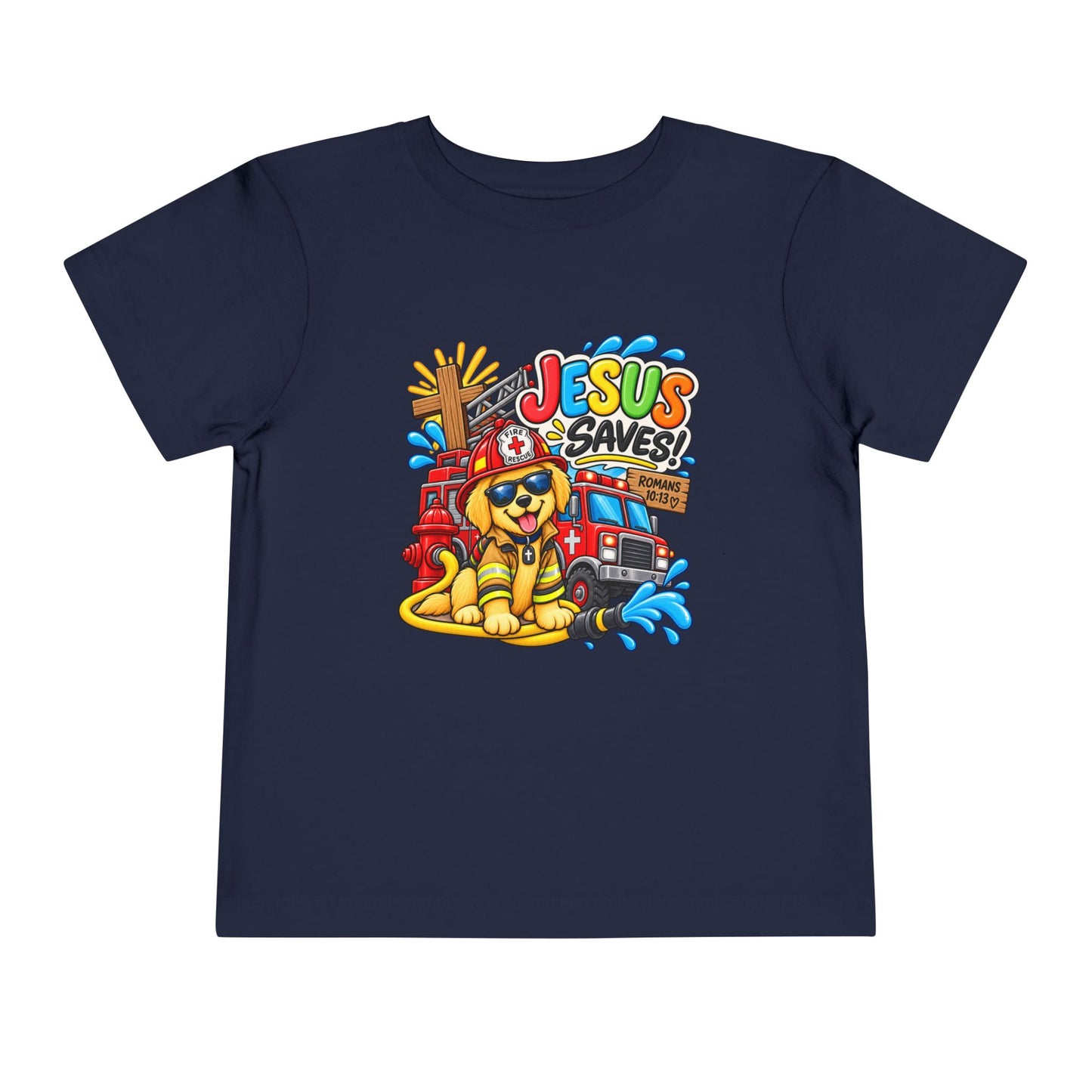 Jesus Saves Firefighter Puppy Toddler T-Shirt | Christian Bible Verse Tee for Boys & Girls | Romans 10:13 Faith Shirt
