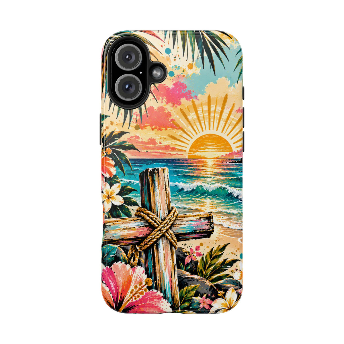 Tropical Cross Christian Phone Case | Beach Sunset & Floral Faith-Inspired Protective Case