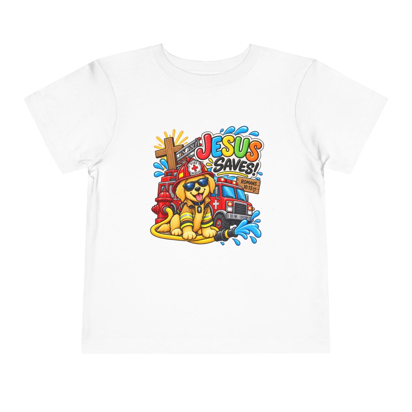 Jesus Saves Firefighter Puppy Toddler T-Shirt | Christian Bible Verse Tee for Boys & Girls | Romans 10:13 Faith Shirt