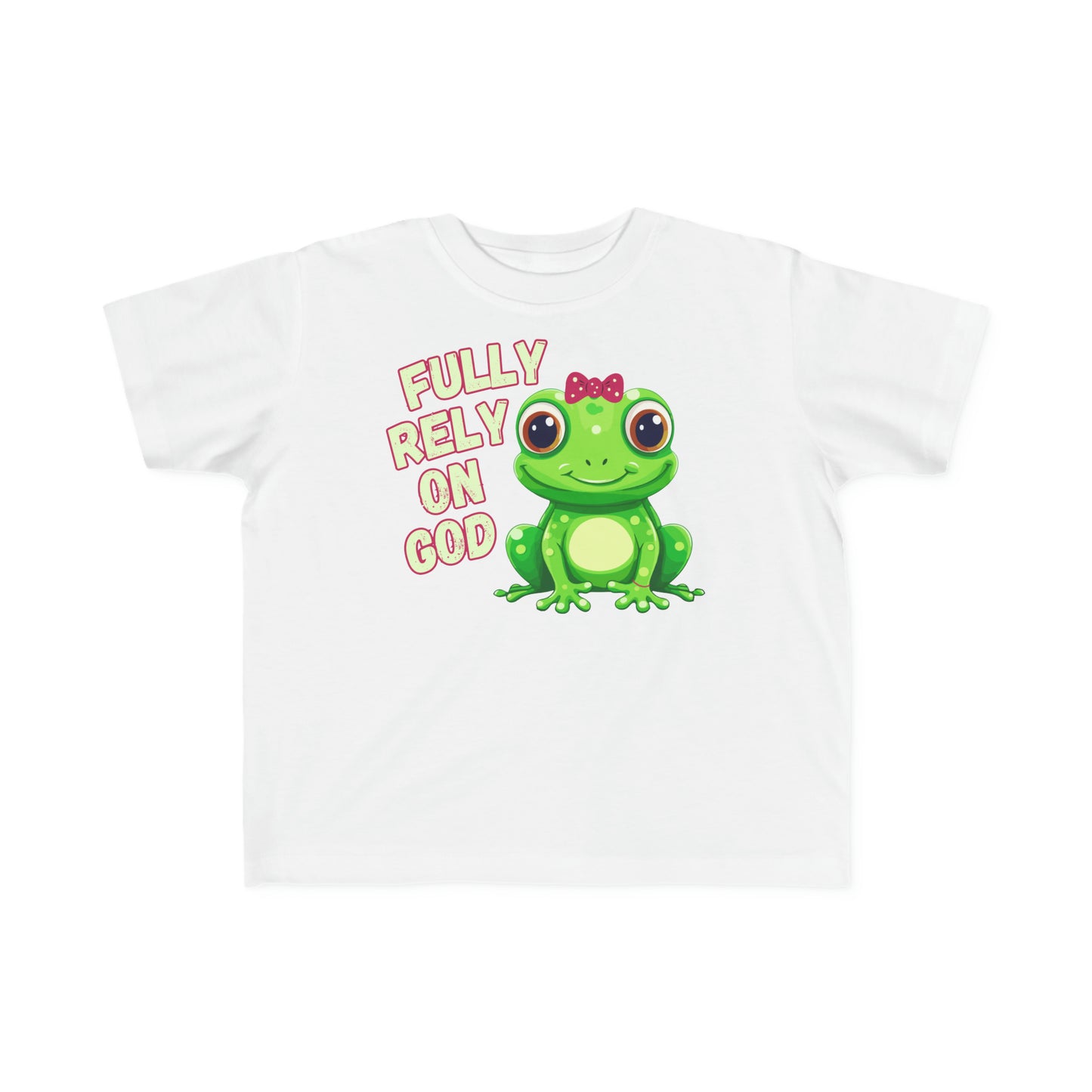 FROG. Fully Rely On God. This cute little girl toddler short sleeve t-shirt has an adorable green frog wearing a pink bow.&nbsp; Alongside are the words Fully Rely On God in light green and pink lettering. Perfect for your toddler girl! Christian toddler tee. Cataldo Creations apparel for toddlers