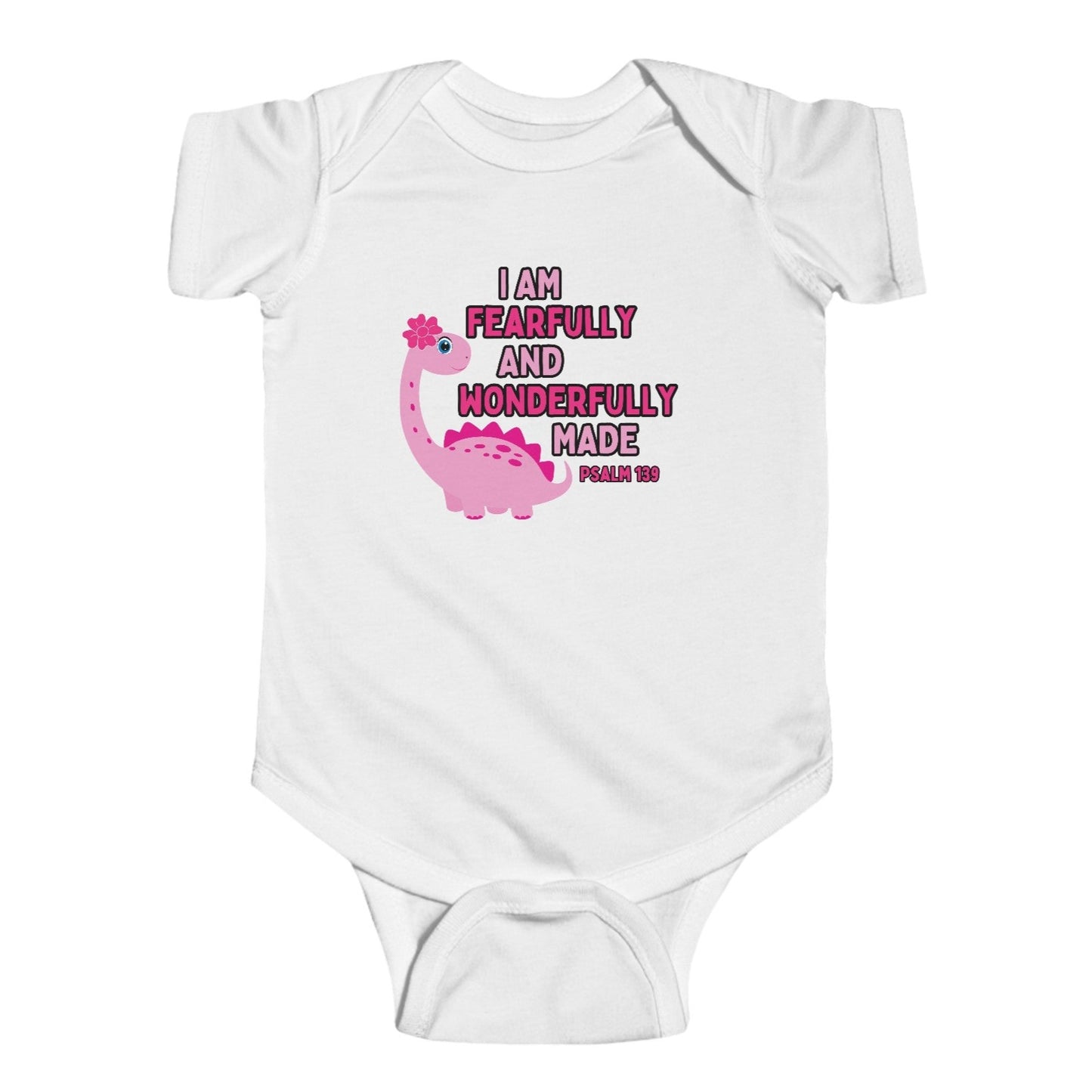 Celebrate the arrival of your newborn girl with our adorable pink dinosaur bodysuit. Made with a soft 100% cotton fabric, this onesie is perfect for your little one's delicate skin. With the bible verse Psalm 139:14, "I am fearfully and wonderfully made," it serves as a reminder of your precious baby's uniqueness. Cataldo Creations