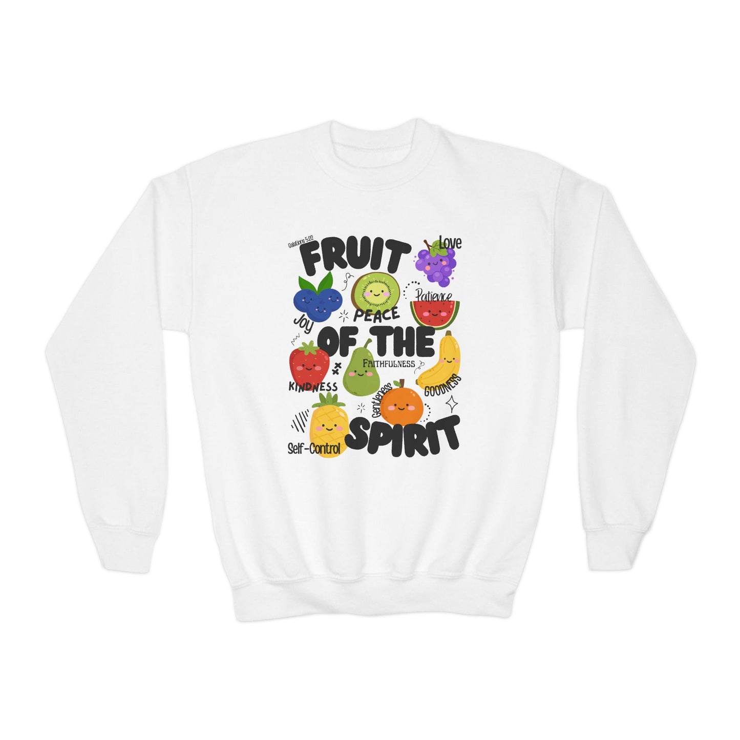 Kids Fruit of the Spirit Christian Crewneck Sweatshirt | Galatians 5:22–23 Youth Bible Verse Sweatshirt