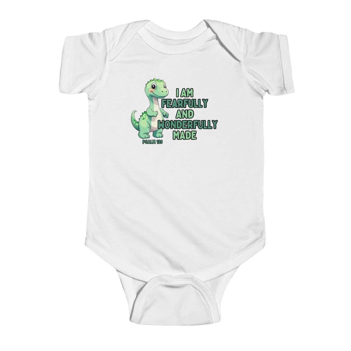 Introduce your little one to the world with our Fearfully Made Green Dinosaur Infant Bodysuit Onesie. Featuring a bible verse from psalm 139:14, this bodysuit reminds us that we are all fearfully and wonderfully made. Made for infants, this bodysuit is both comfortable and meaningful. Cataldo Creations