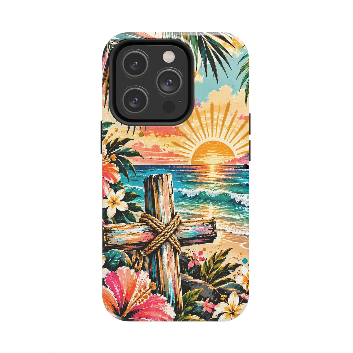Tropical Cross Christian Phone Case | Beach Sunset & Floral Faith-Inspired Protective Case