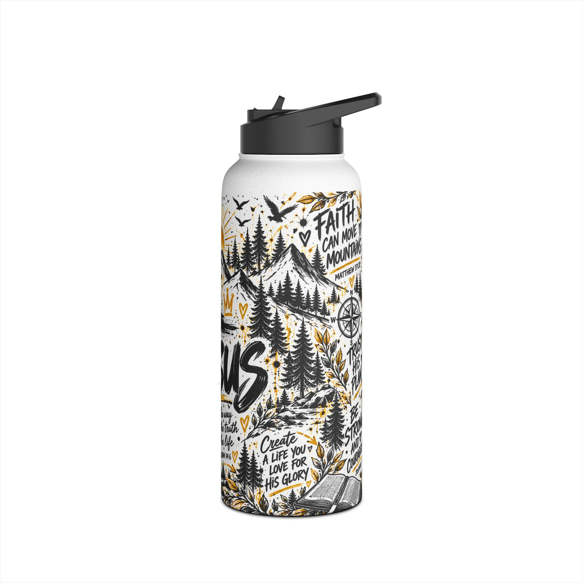 Jesus Christian insulated stainless steel water bottle with bold black, white and gold graffiti artwork, cross, mountains, pine trees and John 14:6 Scripture design.