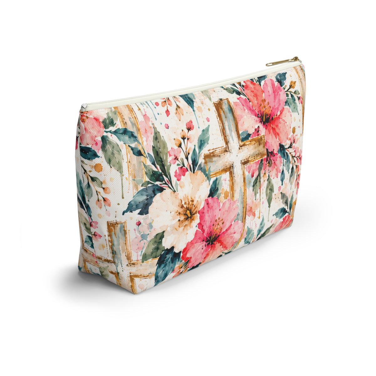 Watercolor Floral Cross Makeup Bag – Christian Cosmetic & Accessory Pouch | Small & Large