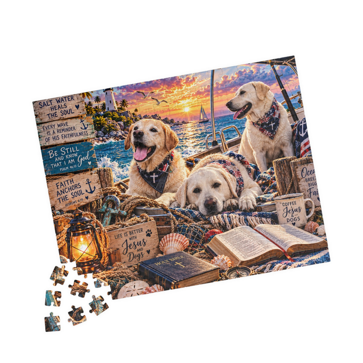Christian Labrador Retriever jigsaw puzzle featuring three dogs on a boat at sunset with Bible verses, lighthouse, and coastal artwork