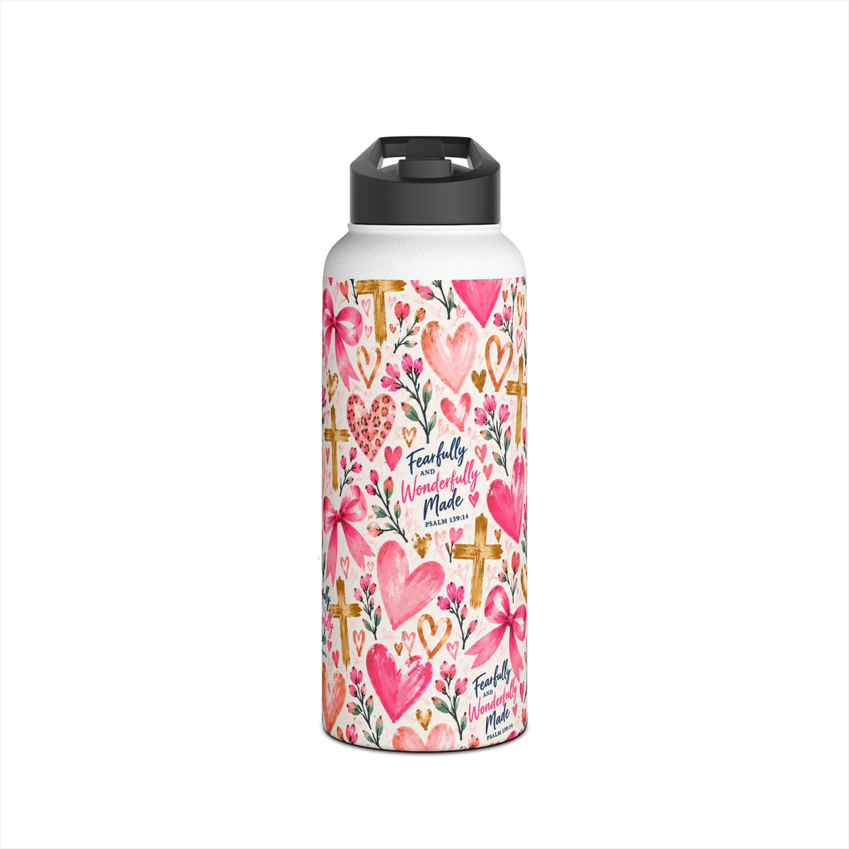 Fearfully and Wonderfully Made Christian insulated water bottle for girls featuring Psalm 139:14, pink hearts, bows, flowers, and gold crosses.