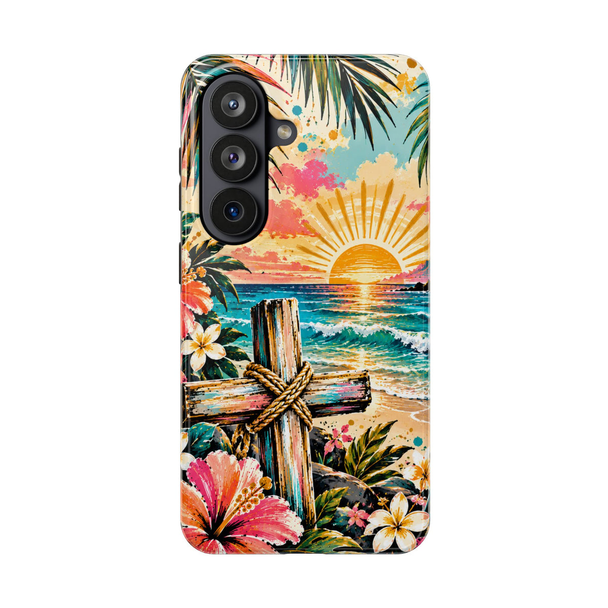 Tropical Cross Christian Phone Case | Beach Sunset & Floral Faith-Inspired Protective Case
