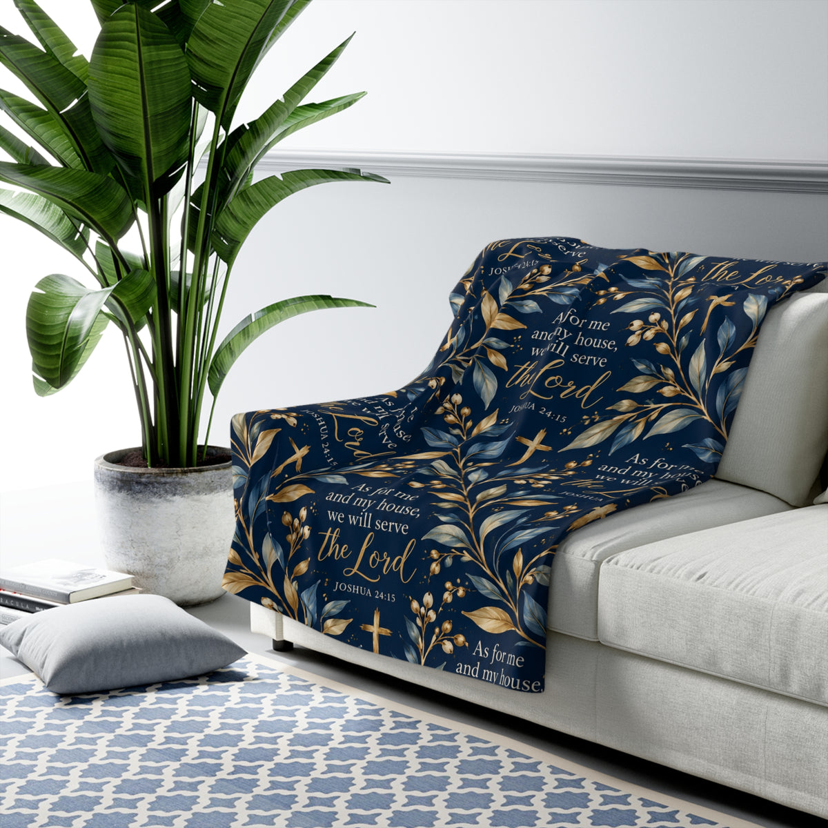As for Me and My House Christian sherpa blanket with navy and gold Joshua 24:15 botanical print and soft plush sherpa backing.