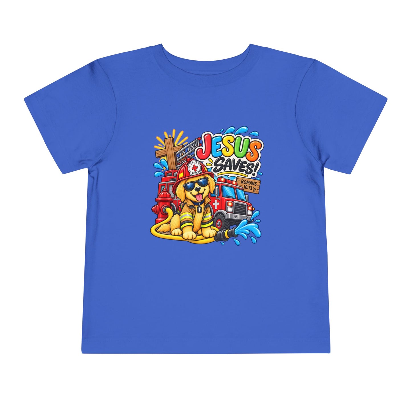 Jesus Saves Firefighter Puppy Toddler T-Shirt | Christian Bible Verse Tee for Boys & Girls | Romans 10:13 Faith Shirt