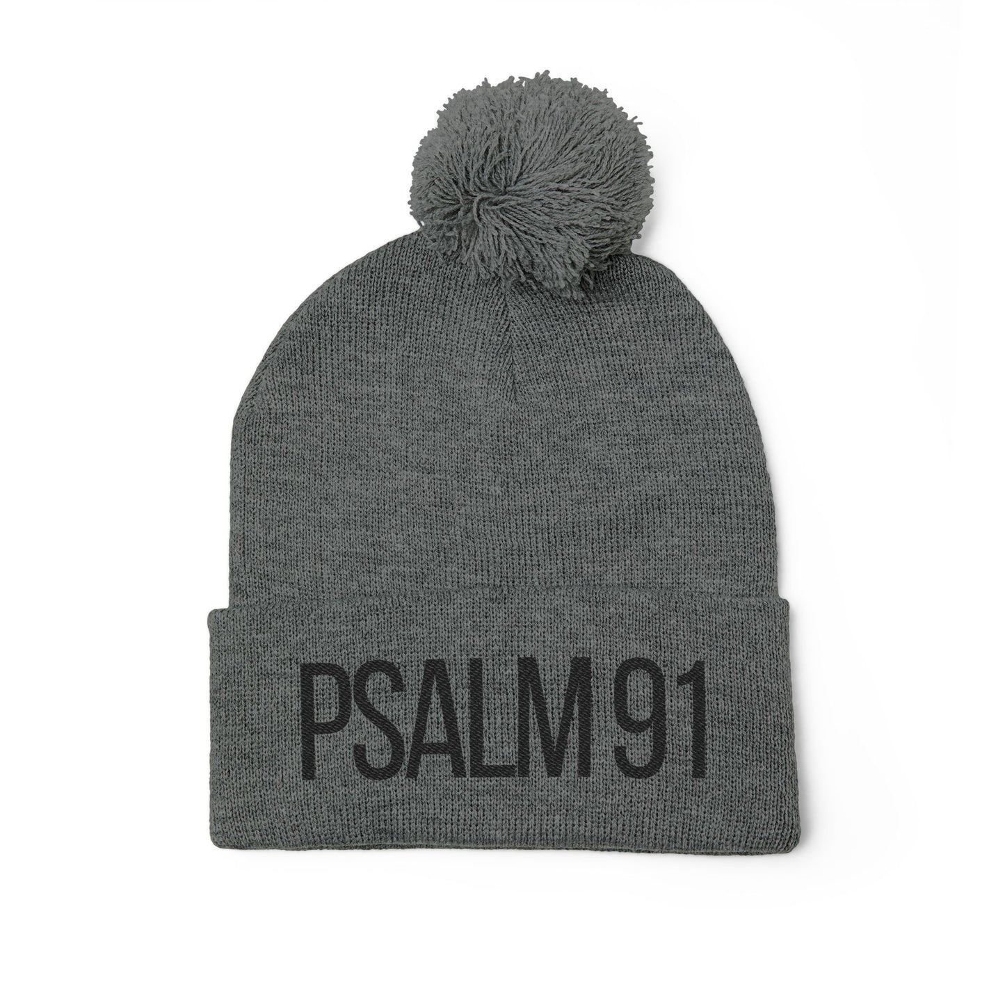 Gray beanie with pom-pom and 'PSALM 91' text on a white background