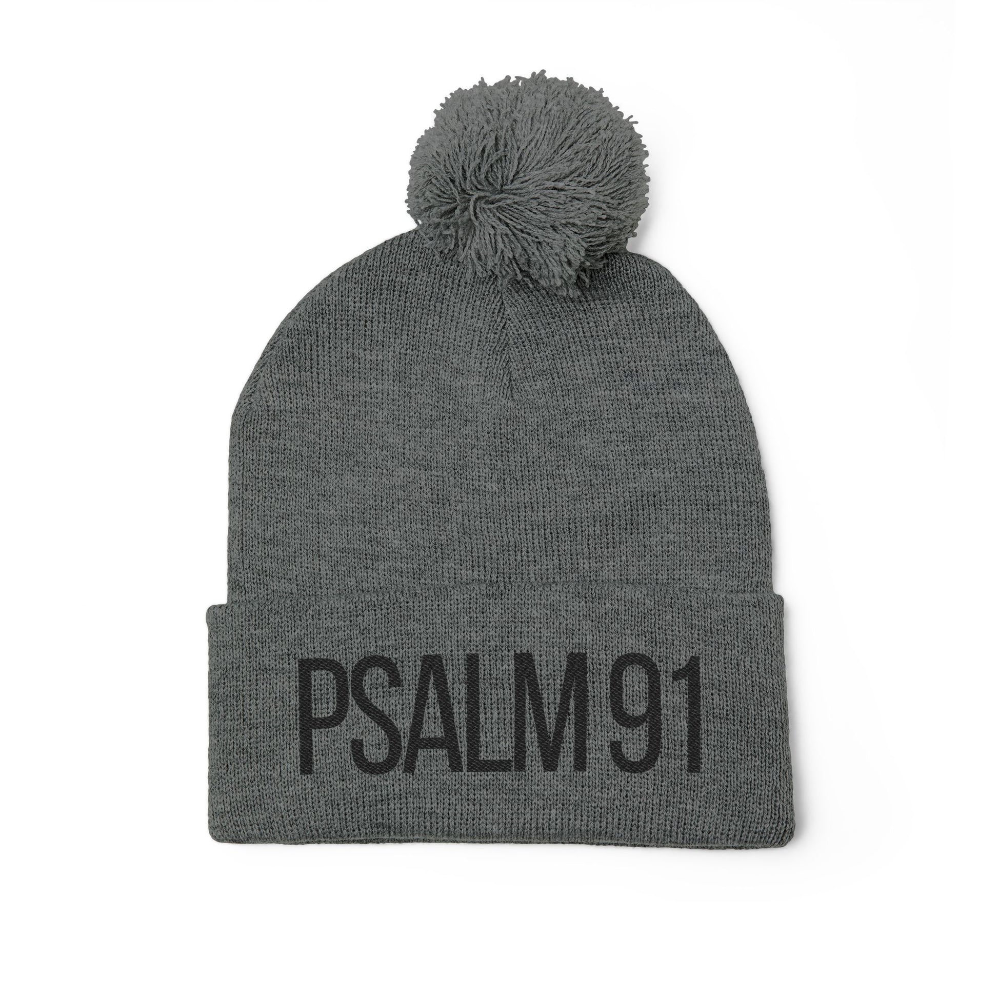 Gray beanie with pom-pom and 'PSALM 91' text on a white background