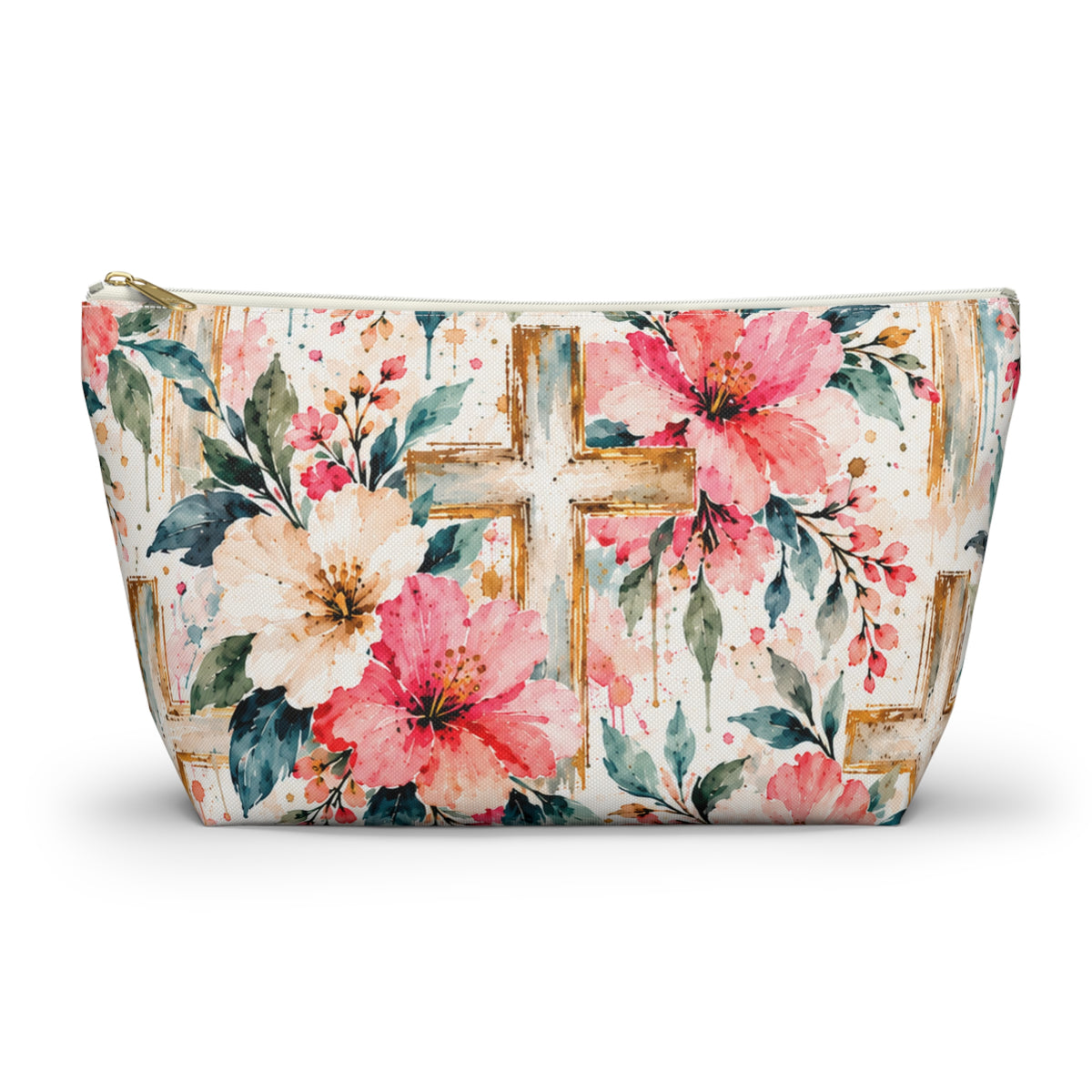 Watercolor Floral Cross Makeup Bag – Christian Cosmetic & Accessory Pouch | Small & Large