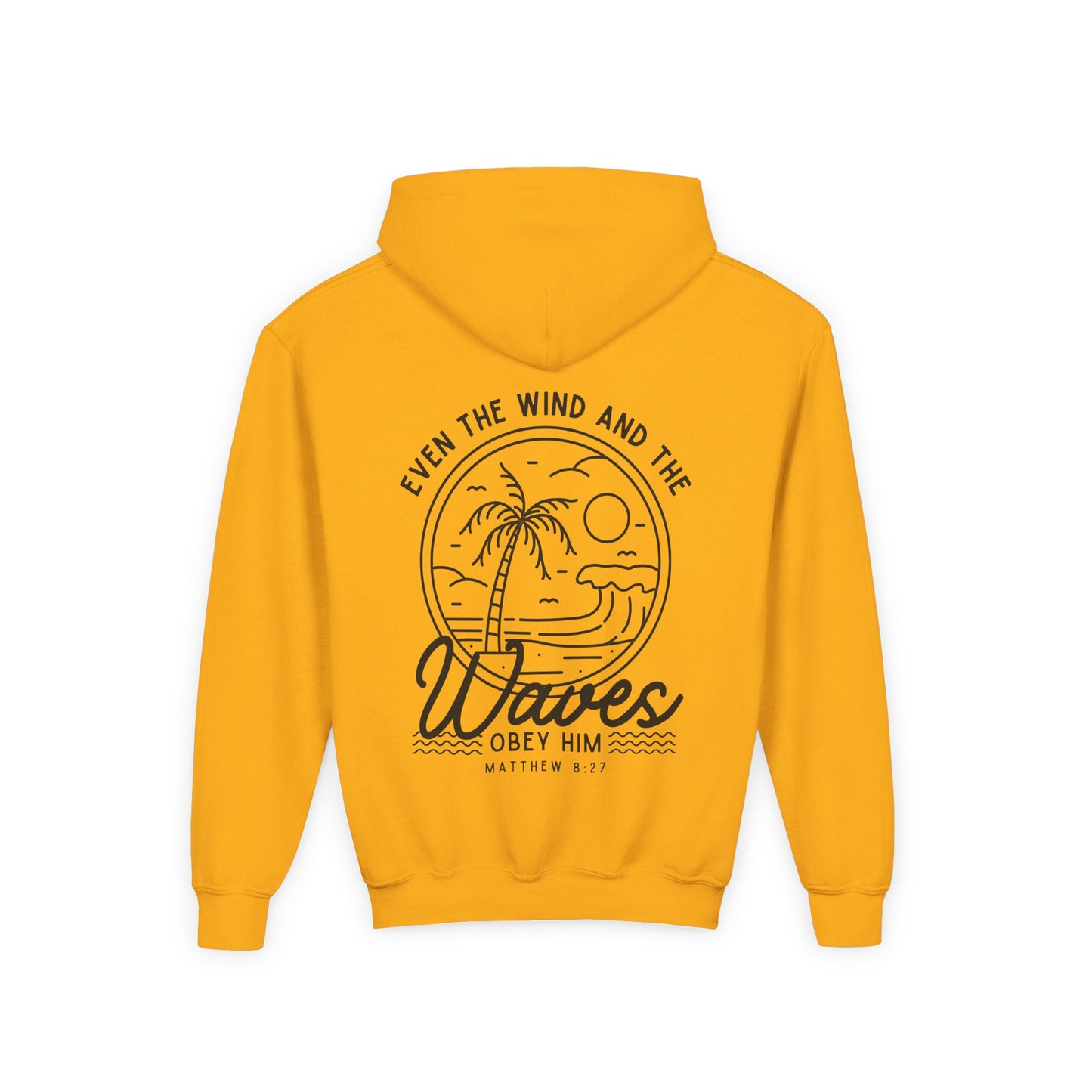 Youth 'Even The Wind And The Waves Obey Him' Bible Verse Hoodie, Beach Vibes Kids Hooded Sweatshirt, Faith-Inspired Teen Hoodie