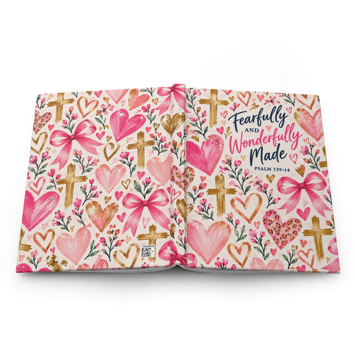 Fearfully and Wonderfully Made Christian hardcover journal for girls featuring Psalm 139:14 with pink hearts, bows, flowers and gold crosses.