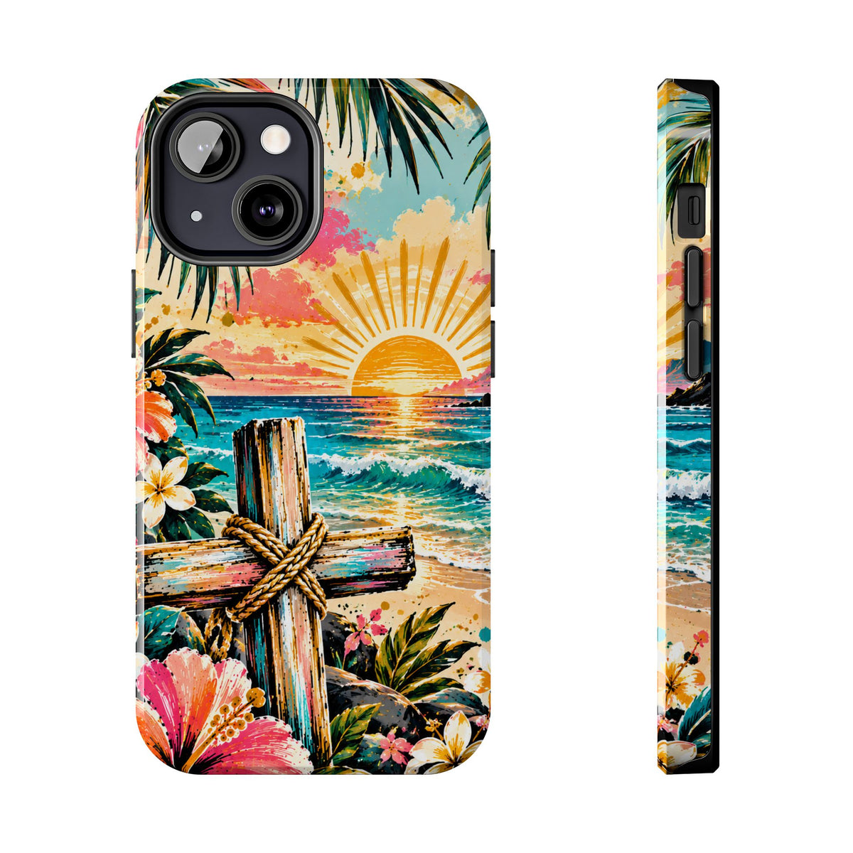 Tropical Cross Christian Phone Case | Beach Sunset & Floral Faith-Inspired Protective Case
