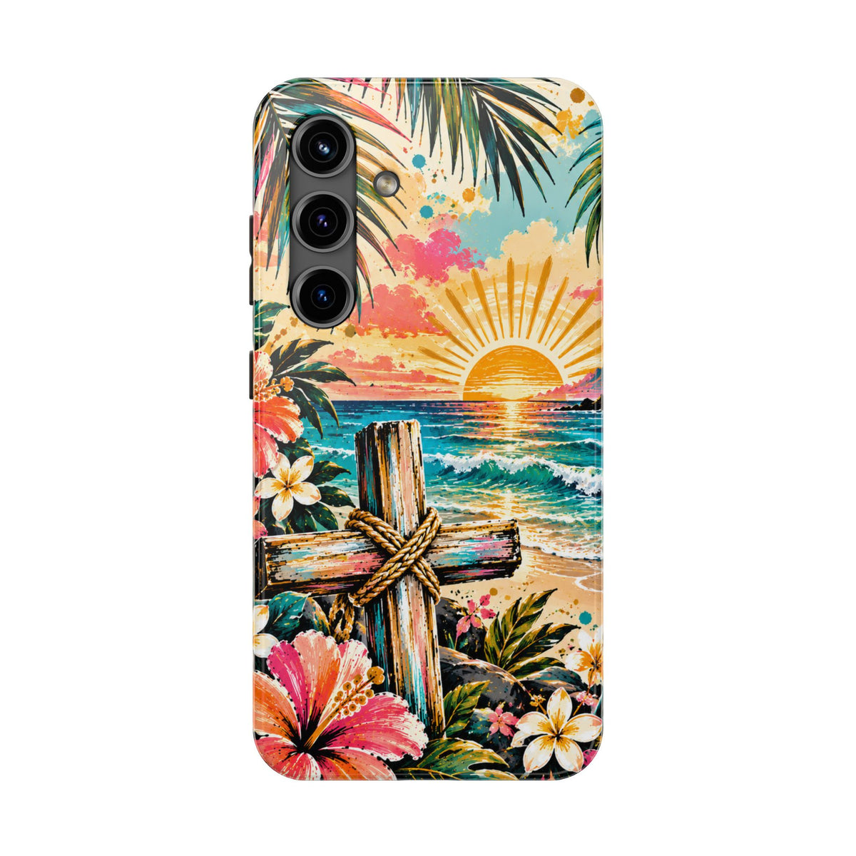 Tropical Cross Christian Phone Case | Beach Sunset & Floral Faith-Inspired Protective Case