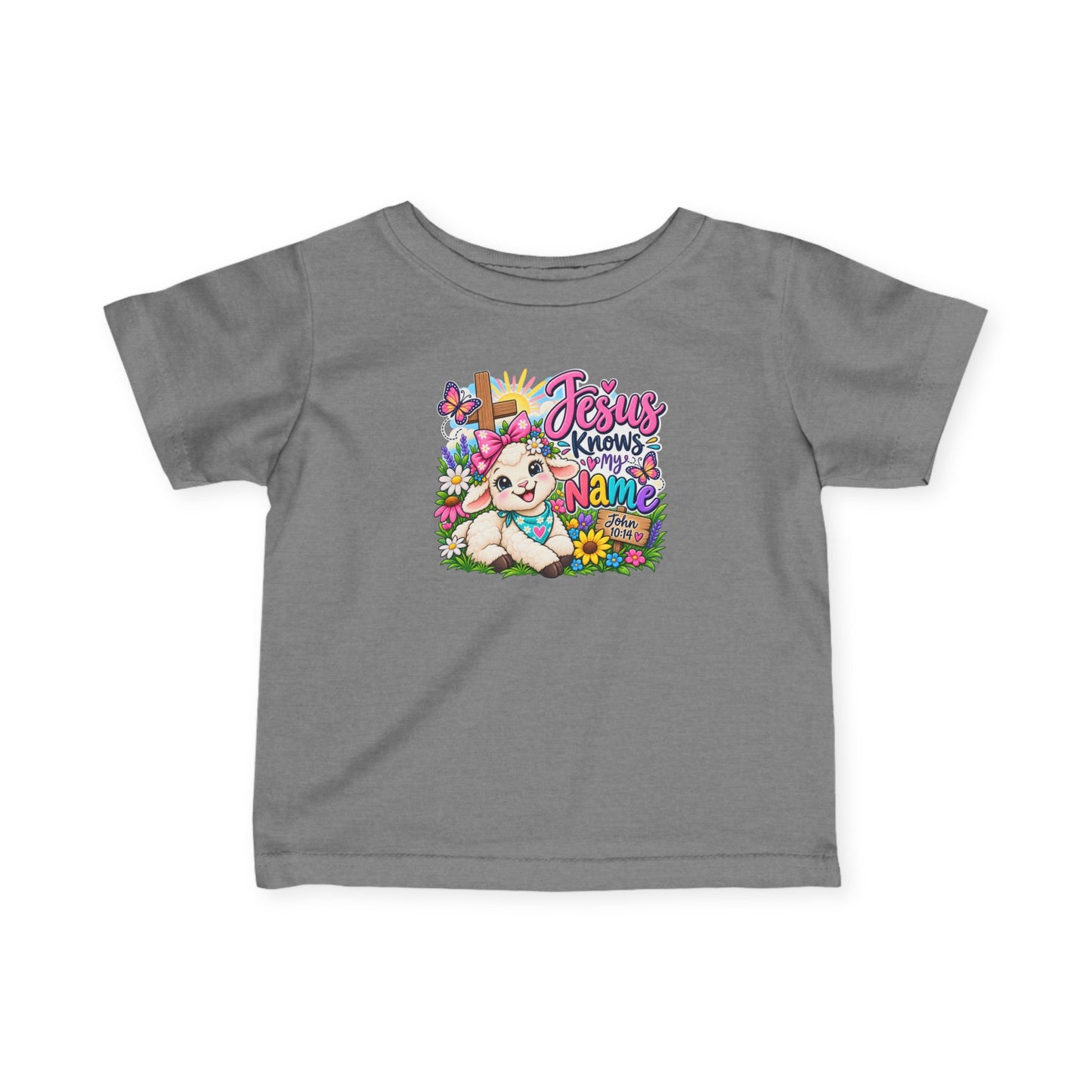 Jesus Knows My Name Infant Christian T-Shirt – John 10:14 Bible Verse Baby Girl Tee with Lamb