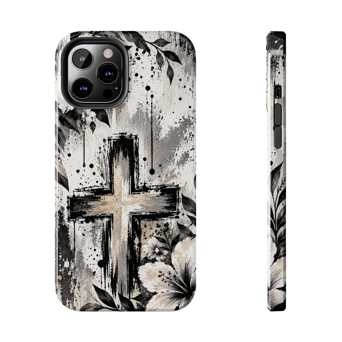 Black & White Floral Cross Christian Phone Case | Faith-Inspired Protective iPhone Case