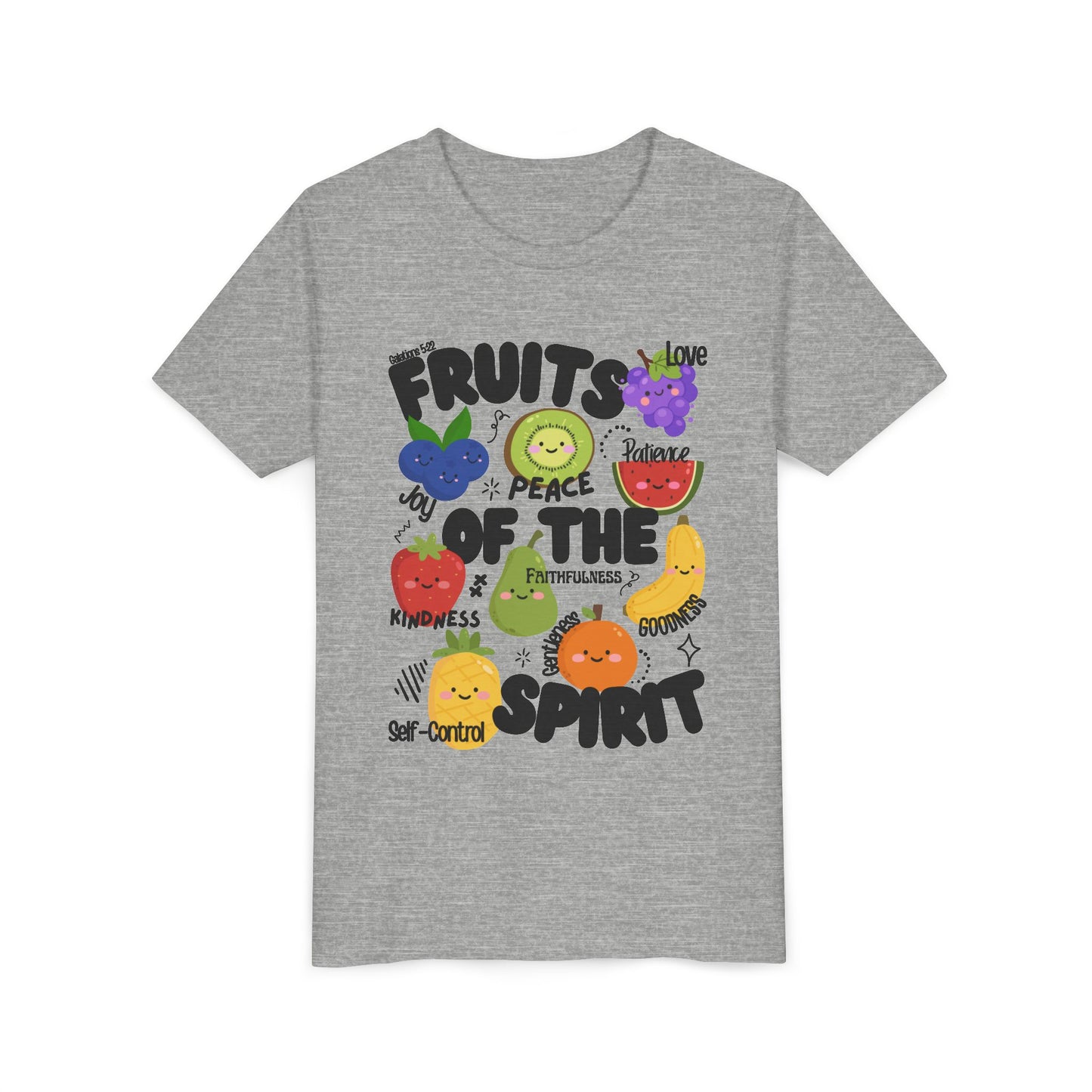 'Fruits of the Spirit' Kids Christian T-Shirt, Youth Bible Verse T-Shirt (Peace, Joy, Kindness)