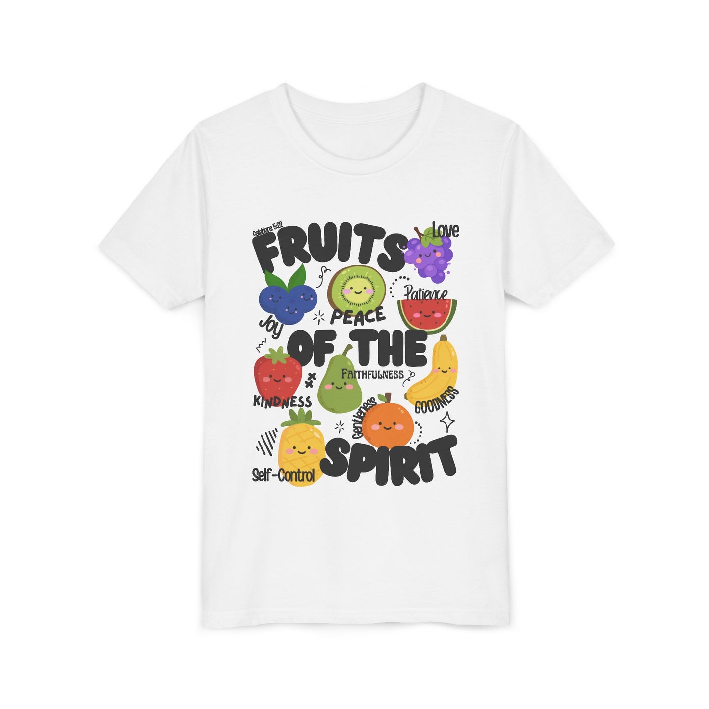'Fruits of the Spirit' Kids Christian T-Shirt, Youth Bible Verse T-Shirt (Peace, Joy, Kindness)