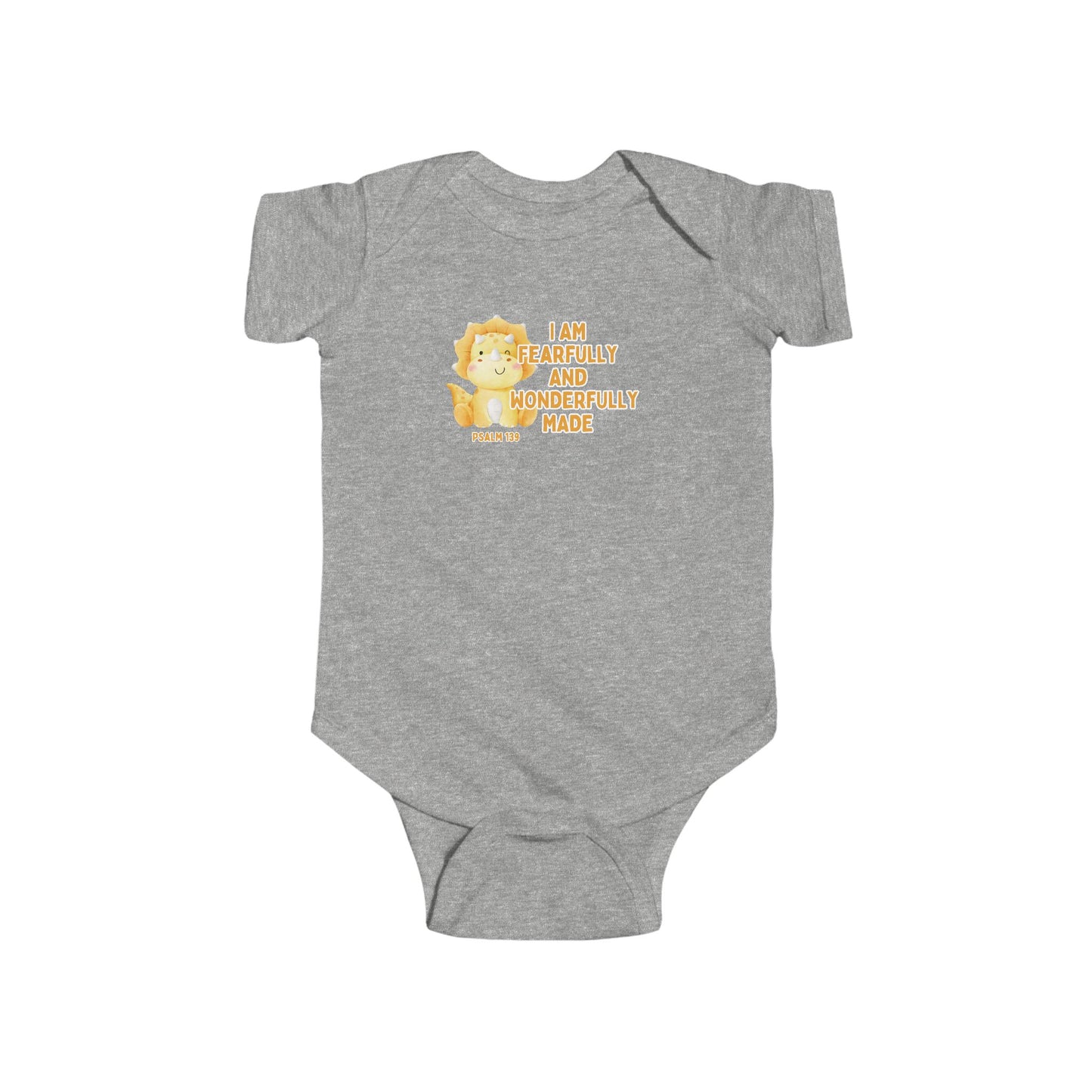 Fearfully and Wonderfully Made Dinosaur Baby Bodysuit | Psalm 139:14 Christian Infant Onesie | Cute Triceratops Baby Outfit