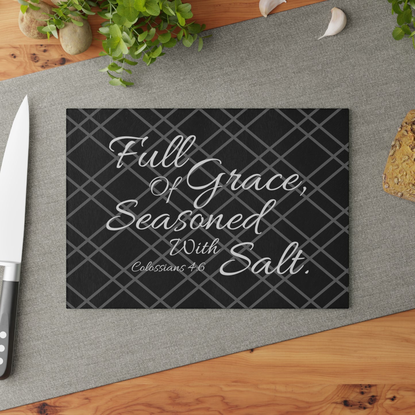 Black Bible Verse Glass Cutting Board. Full Of Grace, Seasoned With Salt. Christian Kitchenware. Christian Home Decor