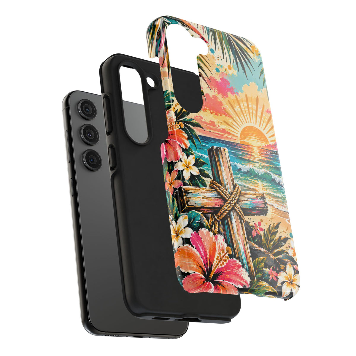 Tropical Cross Christian Phone Case | Beach Sunset & Floral Faith-Inspired Protective Case