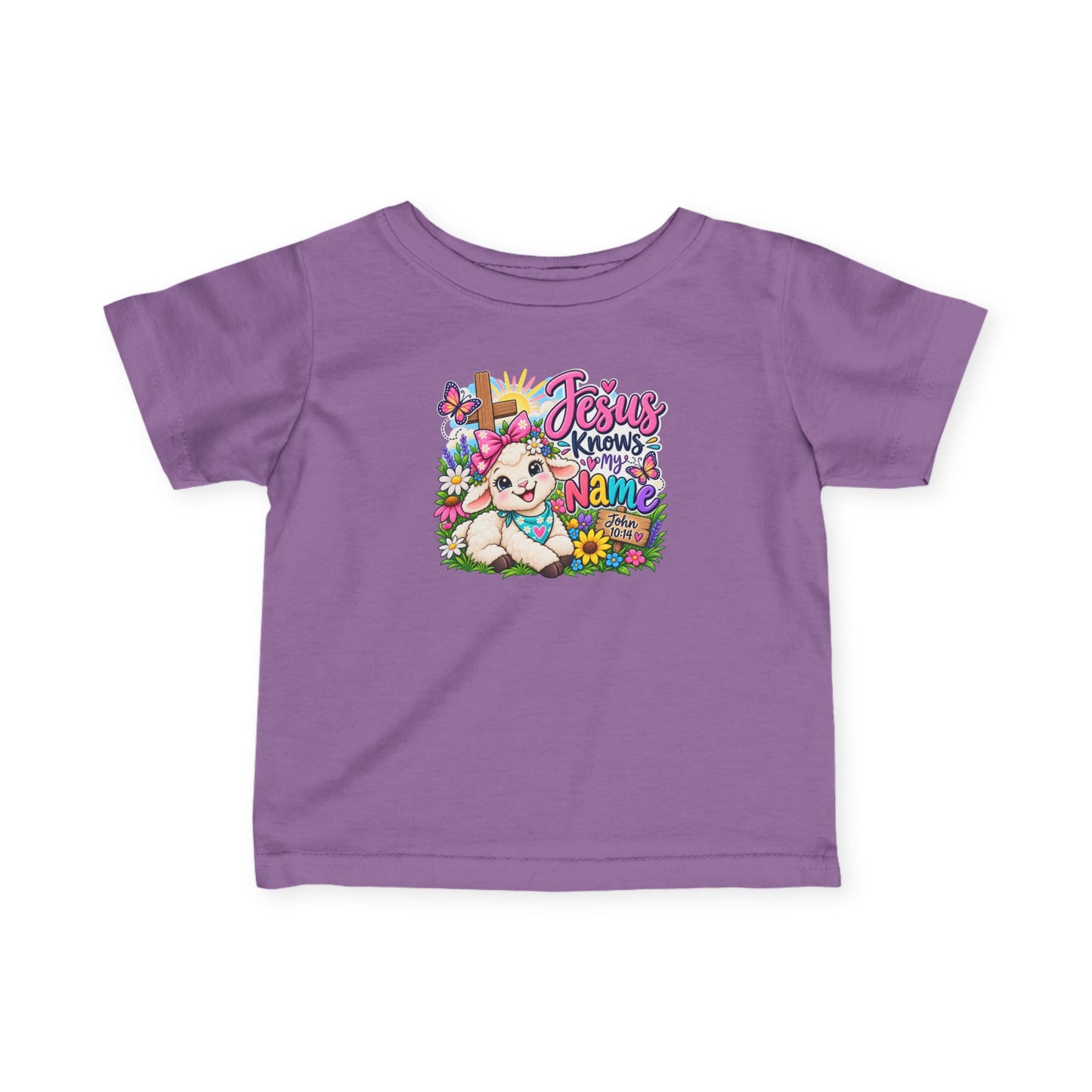 Jesus Knows My Name Infant Christian T-Shirt – John 10:14 Bible Verse Baby Girl Tee with Lamb