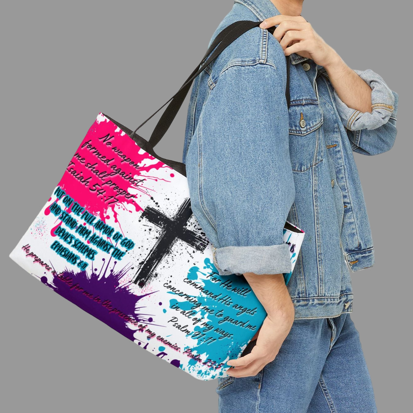 Tote Bag - Bible Verses for Strength and Protection, Colorful Cross Design