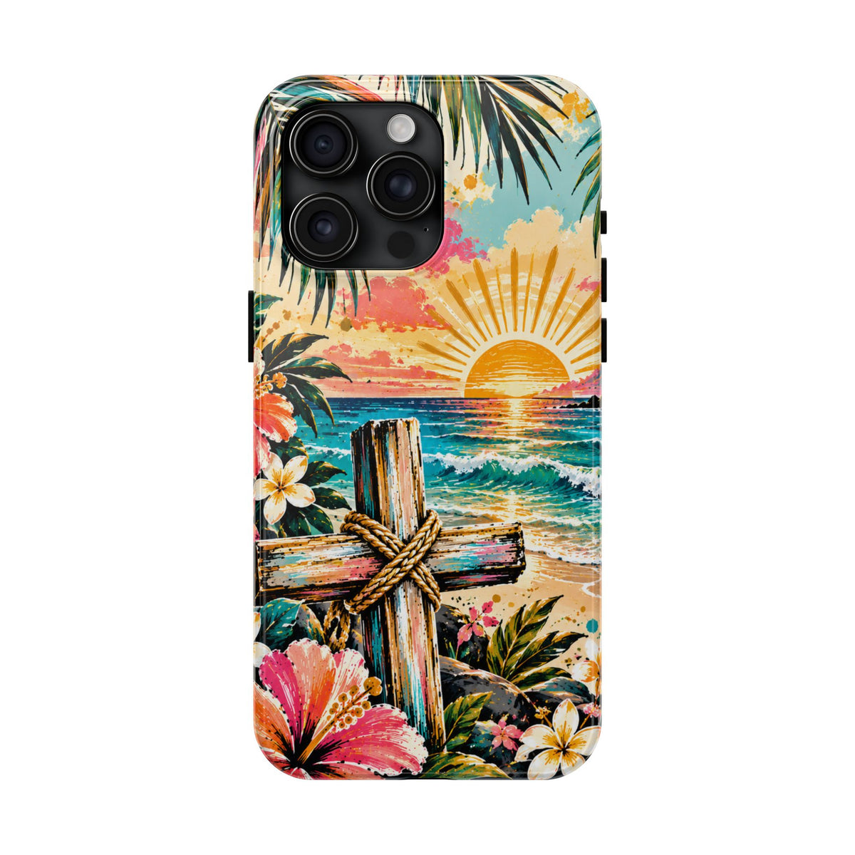 Tropical Cross Christian Phone Case | Beach Sunset & Floral Faith-Inspired Protective Case
