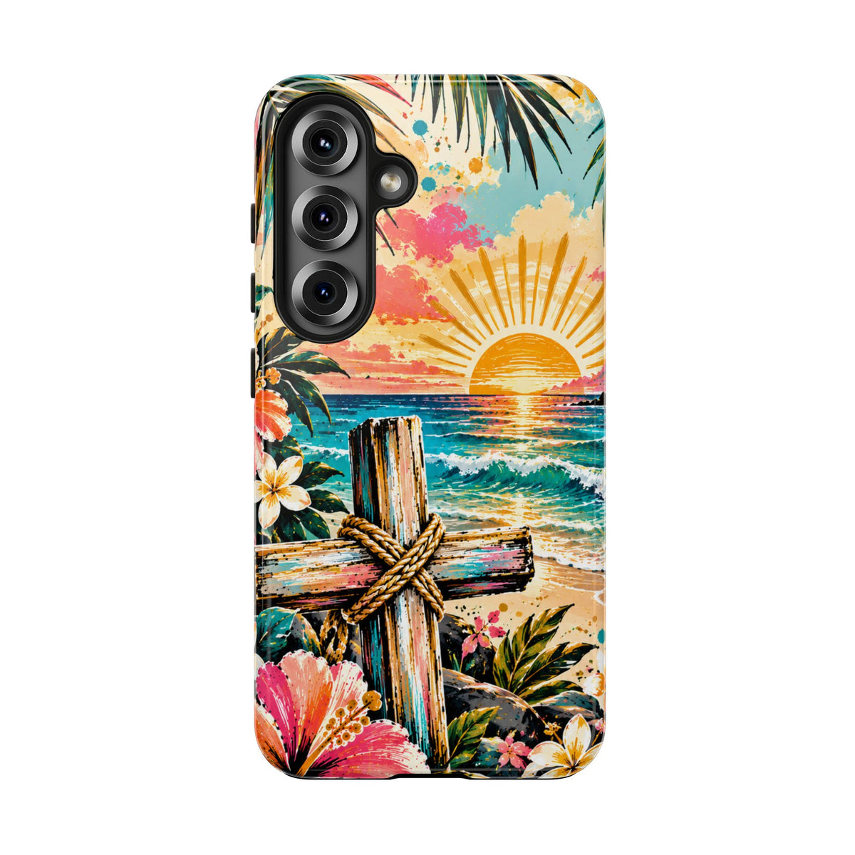 Tropical Cross Christian Phone Case | Beach Sunset & Floral Faith-Inspired Protective Case