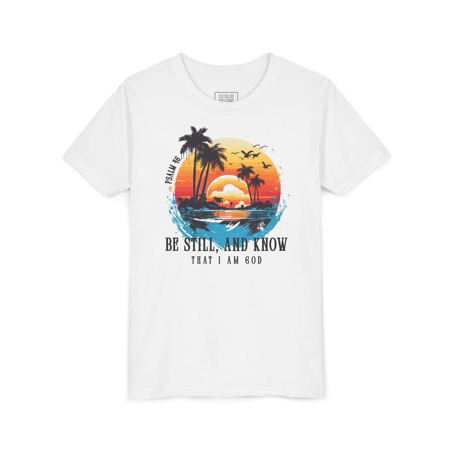 Youth Short Sleeve Tee with Bible Verse Ocean Sunset Design | Summer Vibes, Beachwear, Kid's Faith-Based Apparel