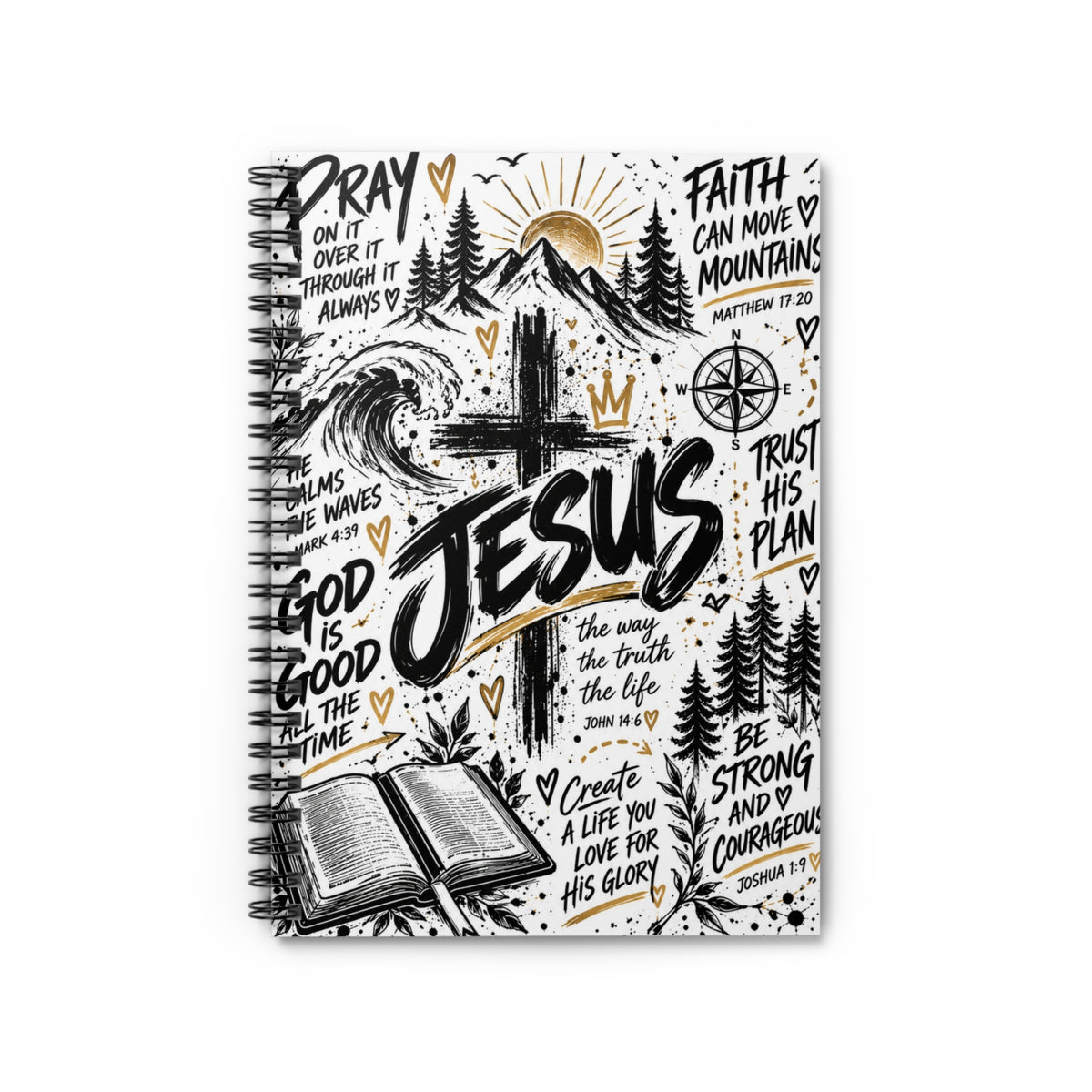 Jesus Christian Spiral Notebook – Faith-Inspired Journal with Bible Verses | Black, White & Gold Design