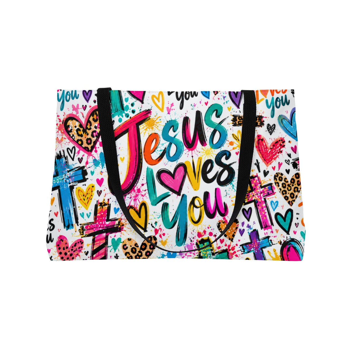 Jesus Loves You Christian Tote Bag | Colorful Faith-Inspired Beach Bag with Hearts & Crosses
