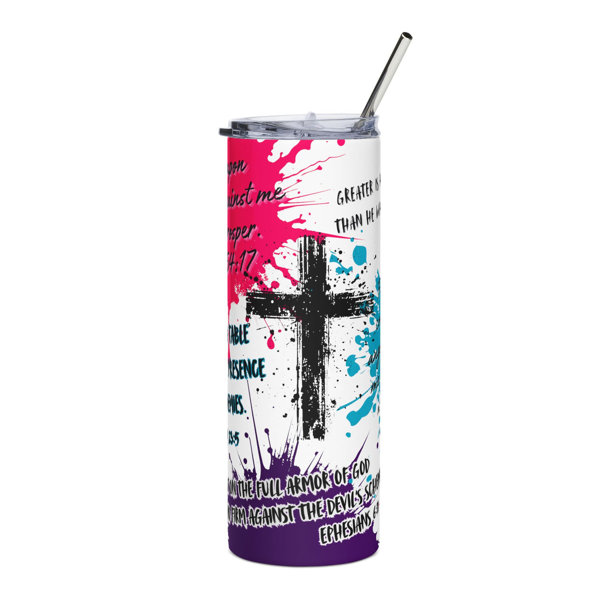 20 oz Christian Bible Verse Tumbler with Straw - God's Protection Scriptures & Cross Design