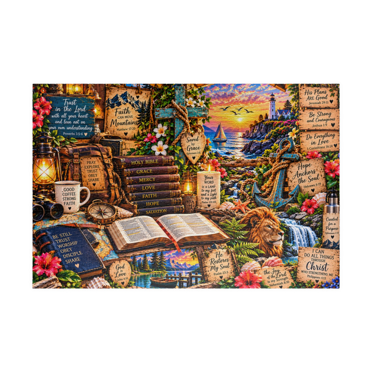 Completed Christian Scripture jigsaw puzzle displaying Bible verses, a lion, cross, lighthouse, ocean sunset, and colorful faith-inspired artwork.