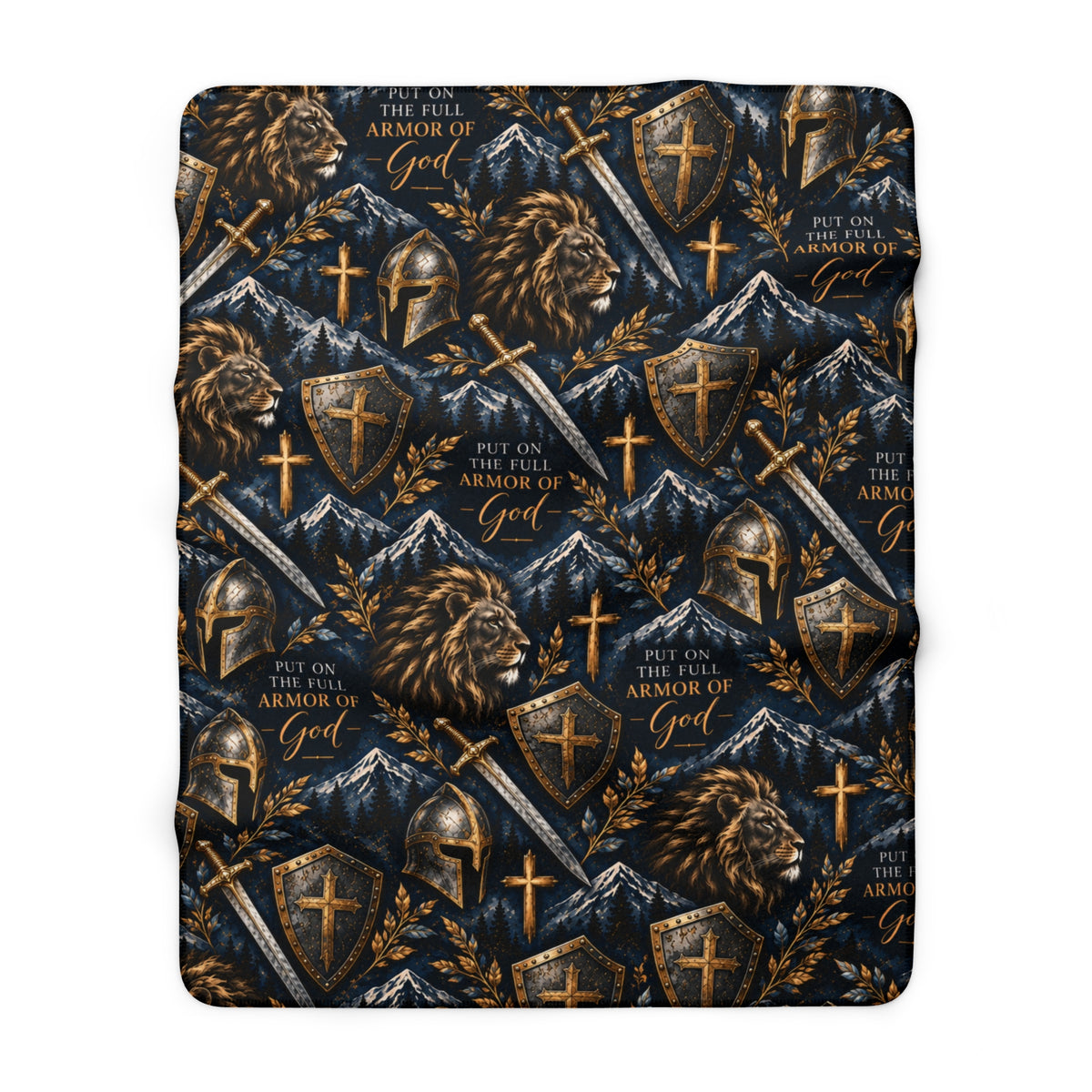 Armor of God Christian sherpa blanket featuring Ephesians 6:11, lions, medieval swords, shields, helmets, and gold crosses on a dark navy background.