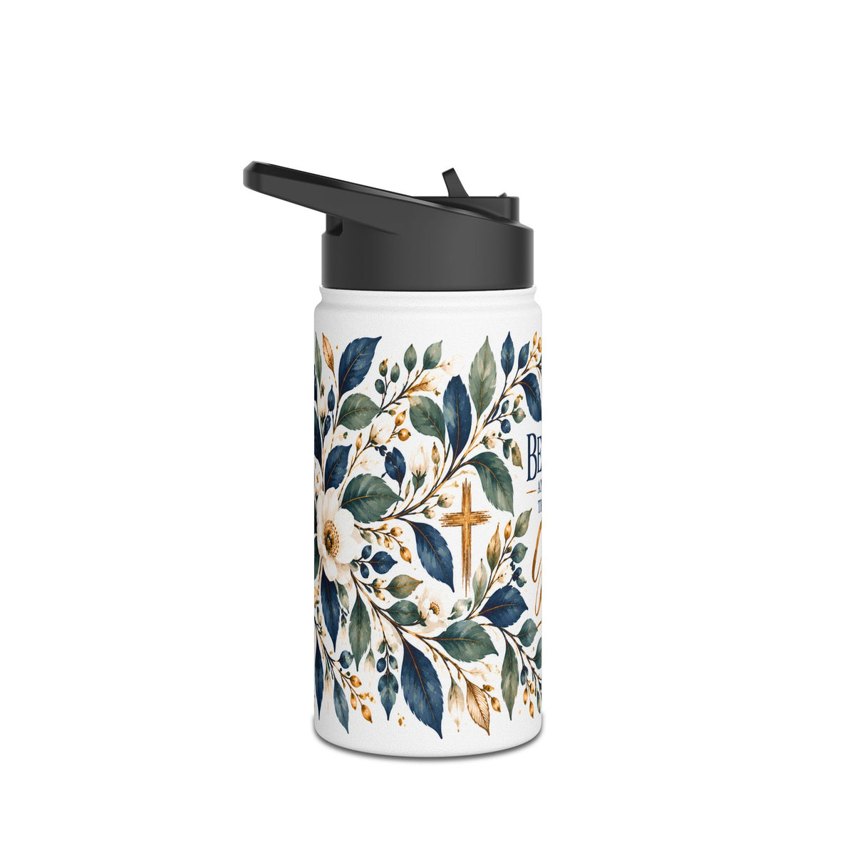 Be Still and Know Psalm 46:10 Christian insulated stainless steel water bottle featuring navy blue, sage green, and gold watercolor botanical artwork.
