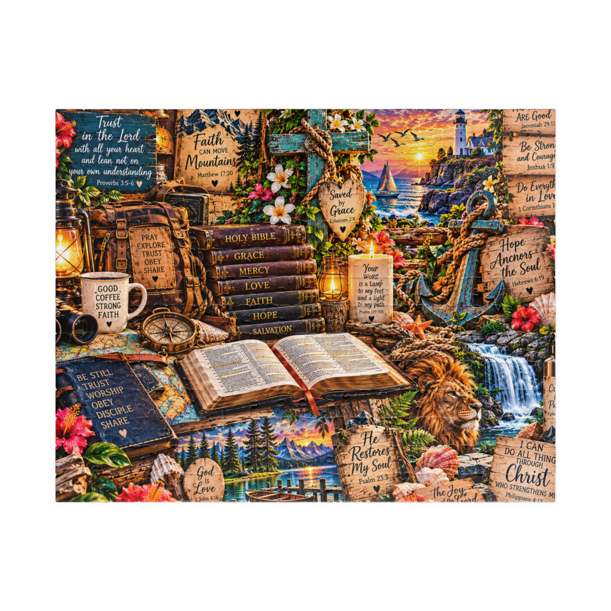 Completed Christian Scripture jigsaw puzzle displaying Bible verses, a lion, cross, lighthouse, ocean sunset, and colorful faith-inspired artwork.