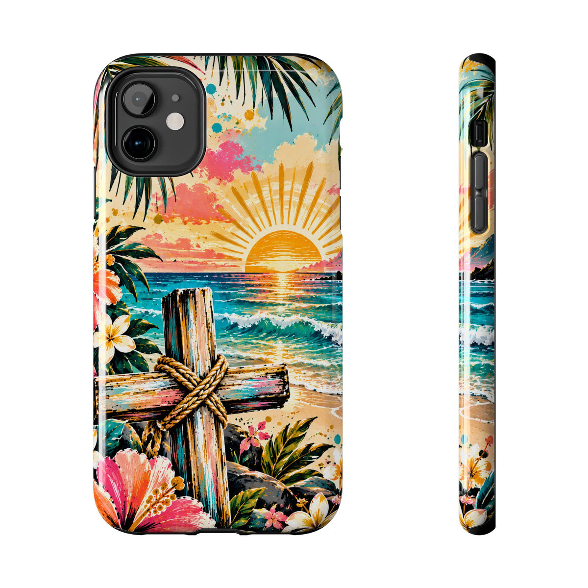 Tropical Cross Christian Phone Case | Beach Sunset & Floral Faith-Inspired Protective Case