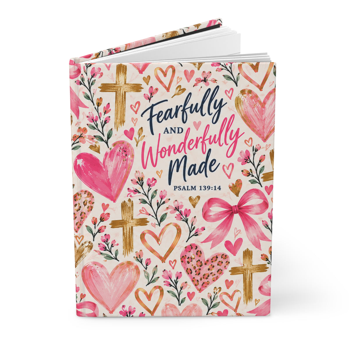Fearfully and Wonderfully Made Christian hardcover journal for girls featuring Psalm 139:14 with pink hearts, bows, flowers and gold crosses.