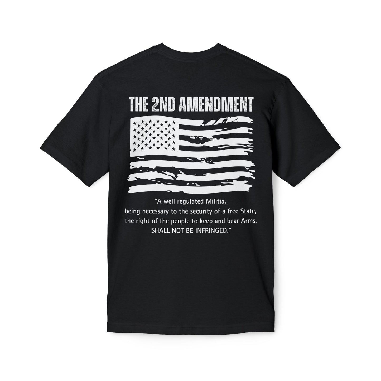 Black t-shirt with American flag graphic and text on a white background