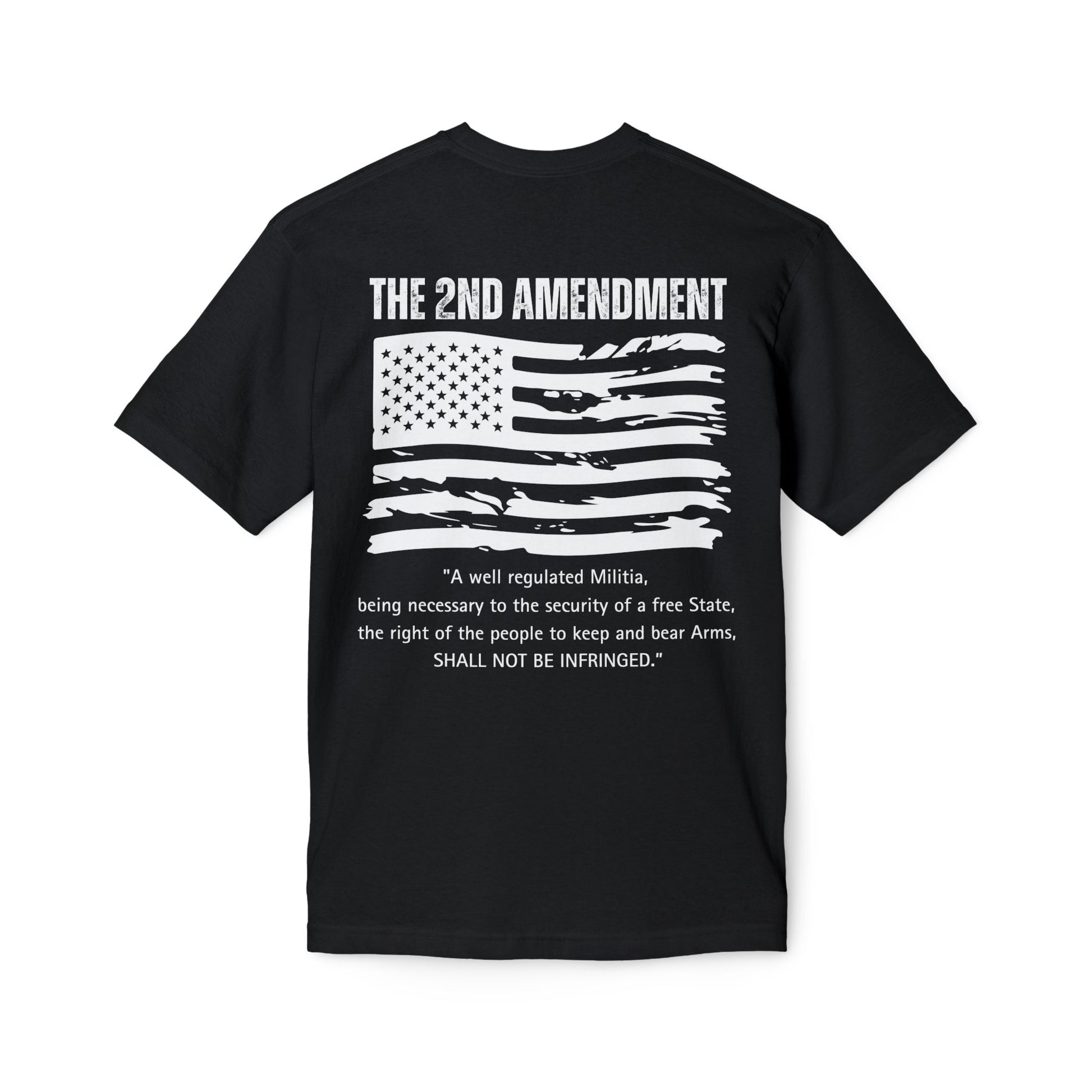 Black t-shirt with American flag graphic and text on a white background