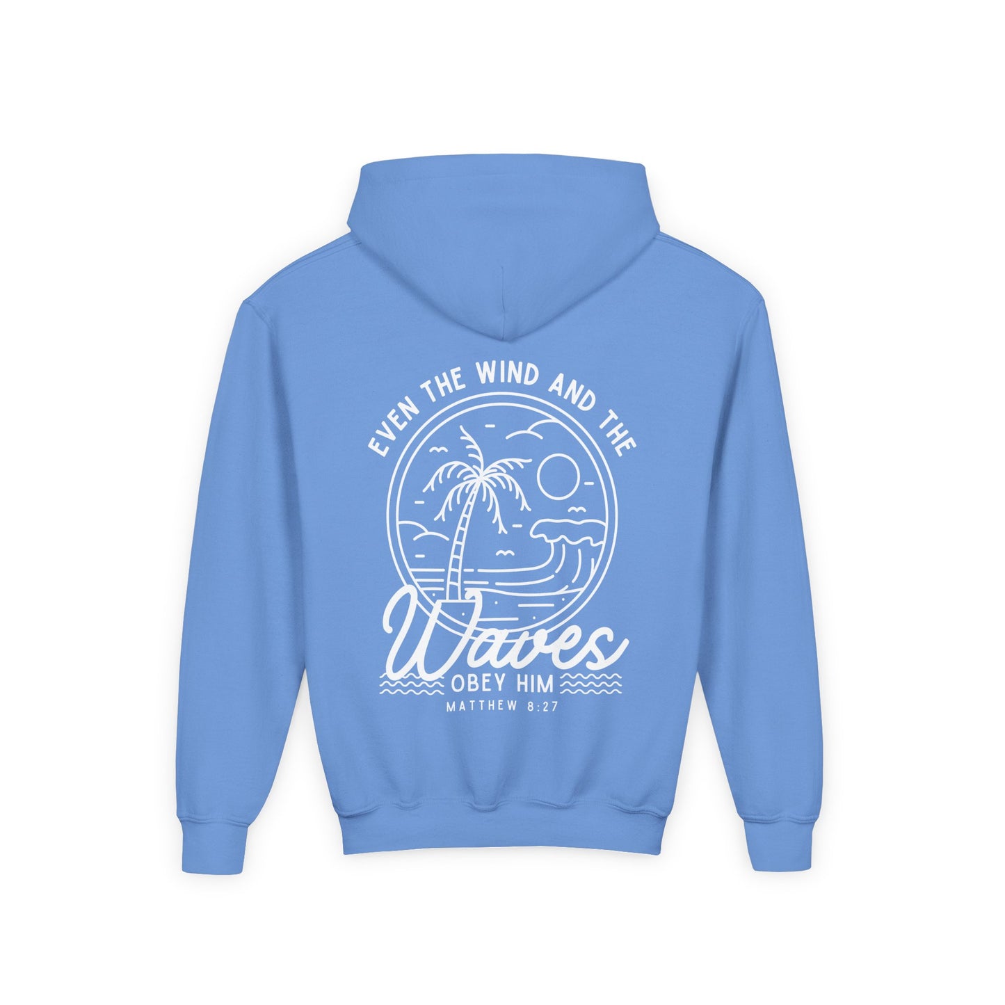 Youth 'Even The Wind And The Waves Obey Him' Bible Verse Hoodie, Beach Vibes Kids Hooded Sweatshirt, Faith-Inspired Teen Hoodie