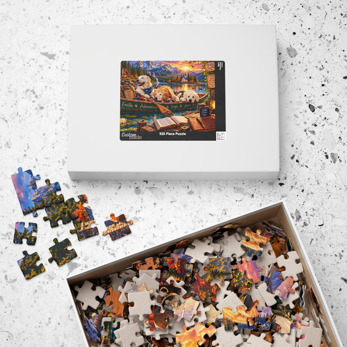Christian Labrador Retriever jigsaw puzzle featuring three dogs in a canoe on a mountain lake at sunset, with a waterfall, chapel, Bible, and faith-inspired messages.
 Copy alt text